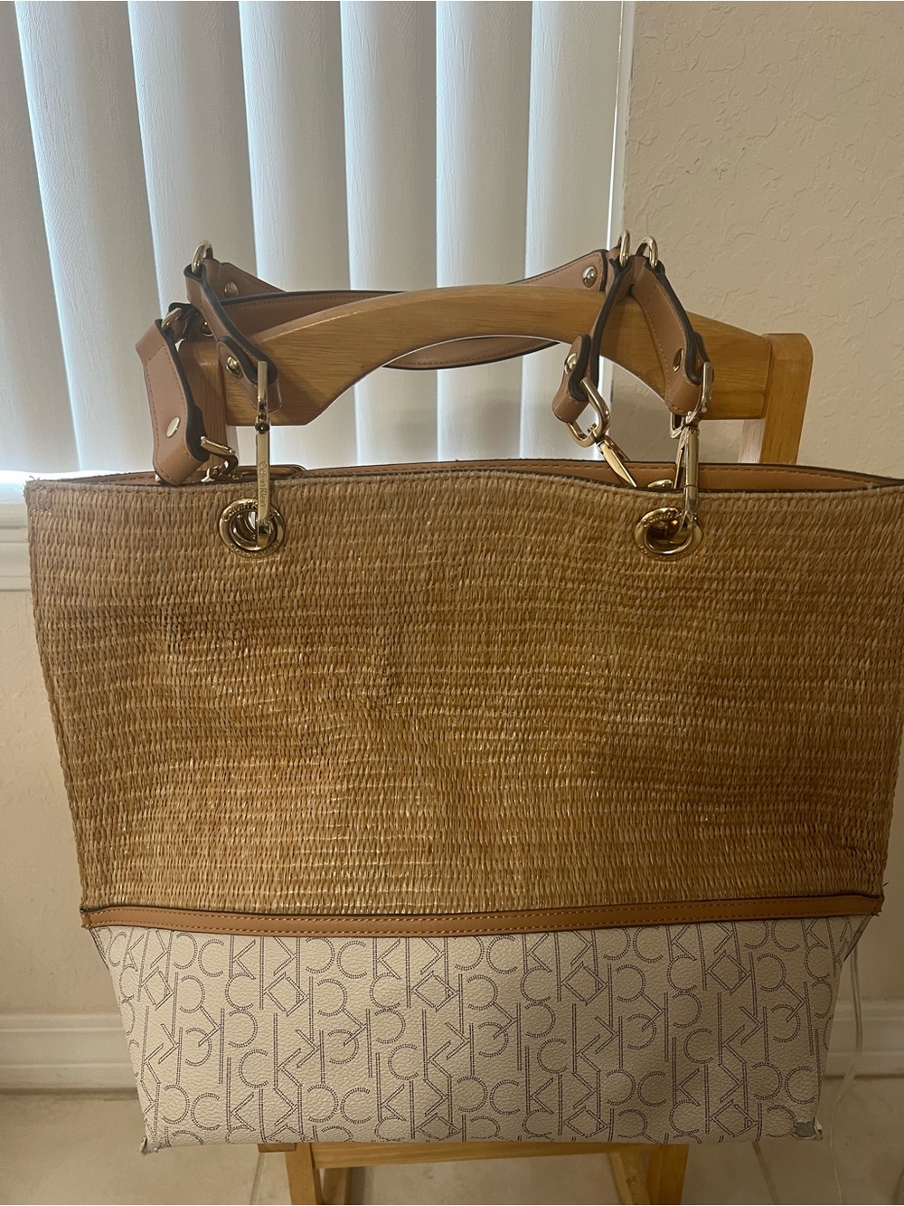 Calvin Klein Tan Straw Tote with Logo Canvas Base and Leather Trim